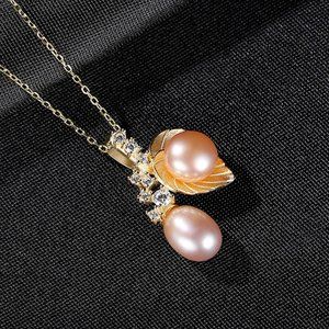S925 Silver Pendant Necklace Women's Fashion Leaf Pearl Jewelry